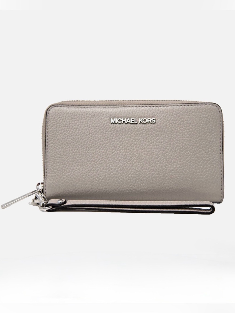 MICHAEL KORS, Jet Set Travel Grey Pebbled Leather Smartphone Zip Around Wristlet